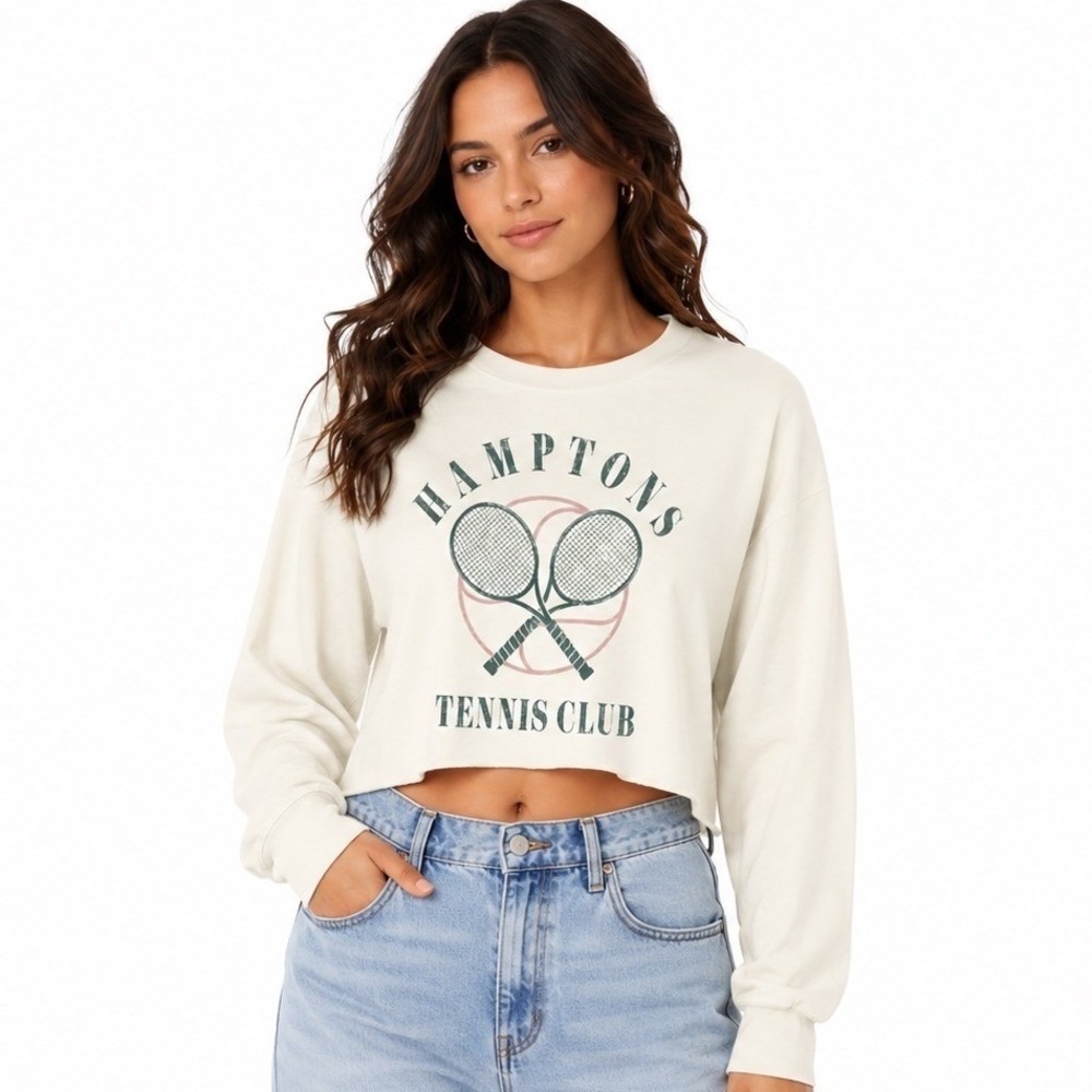 Zutter Hamptons Tennis Club Cropped Graphic Tee Medium Cream Raw Hem Long Sleeve